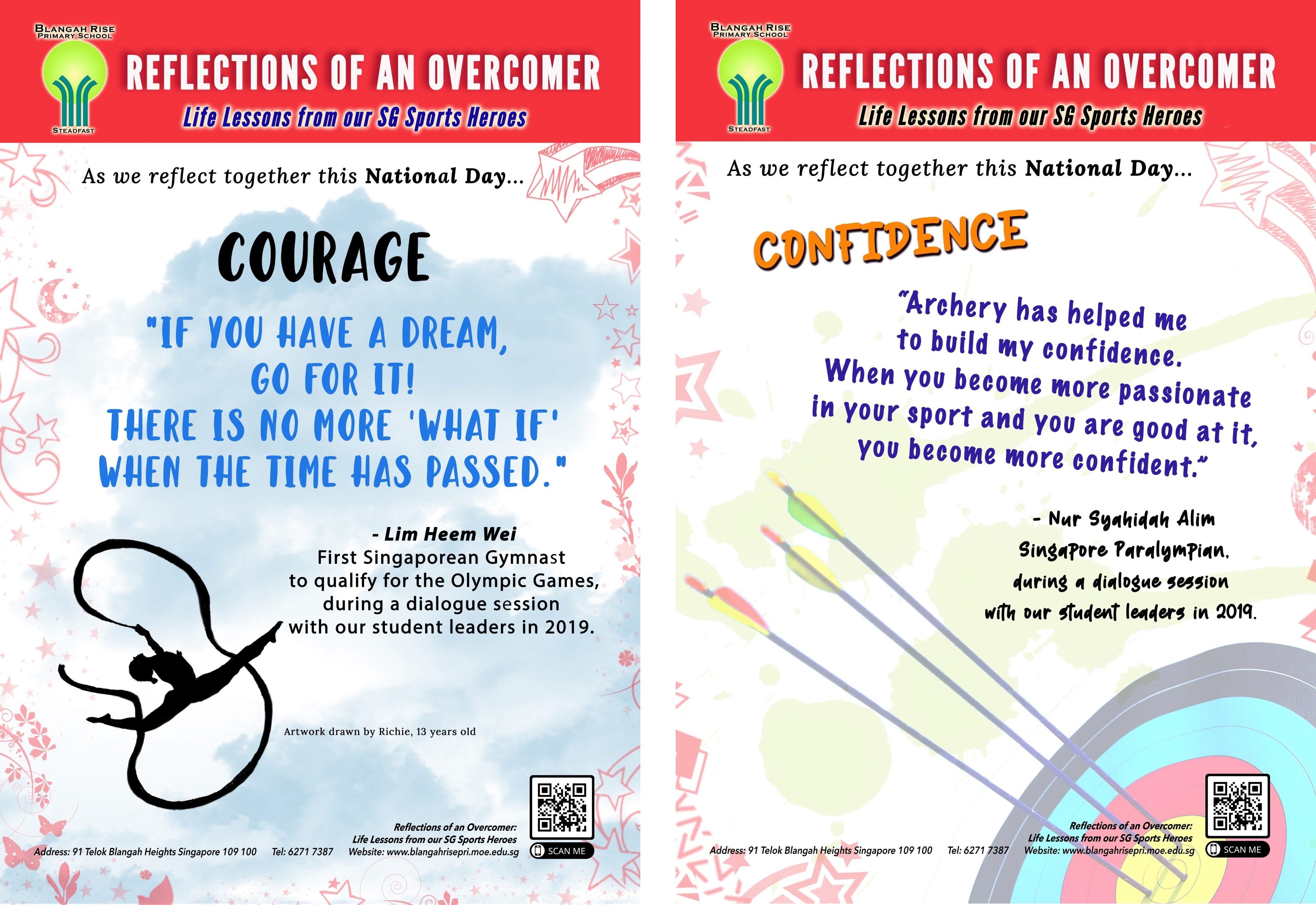 Two Blangah Rise Primary School posters on Courage and Confidence featuring quotes from Singapore sports heroes.